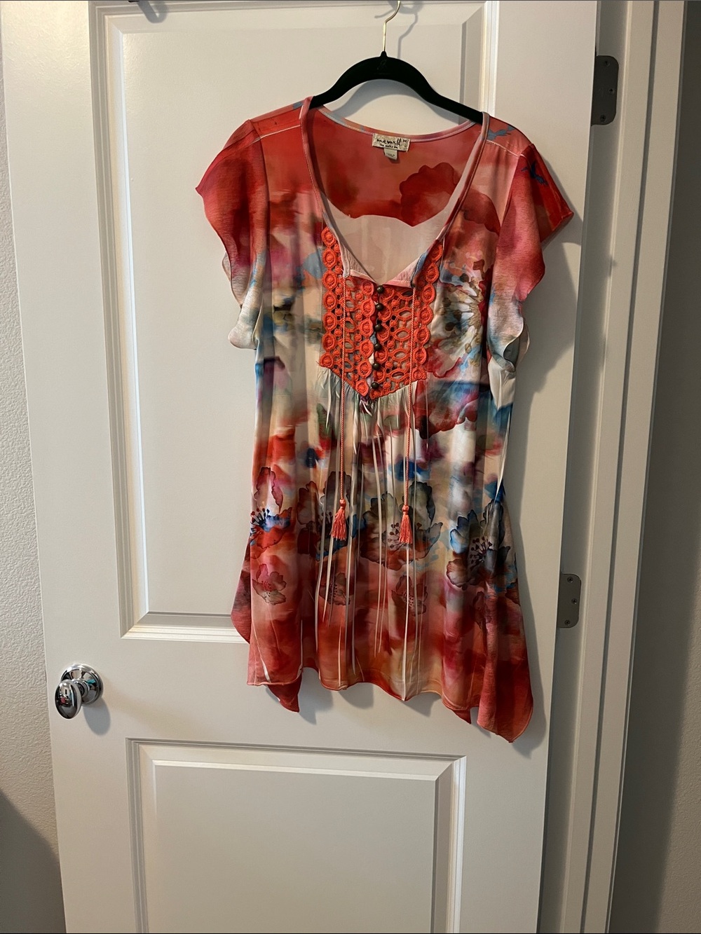 ONE WORLD Coral Watercolor Crochet-Tie Tunic